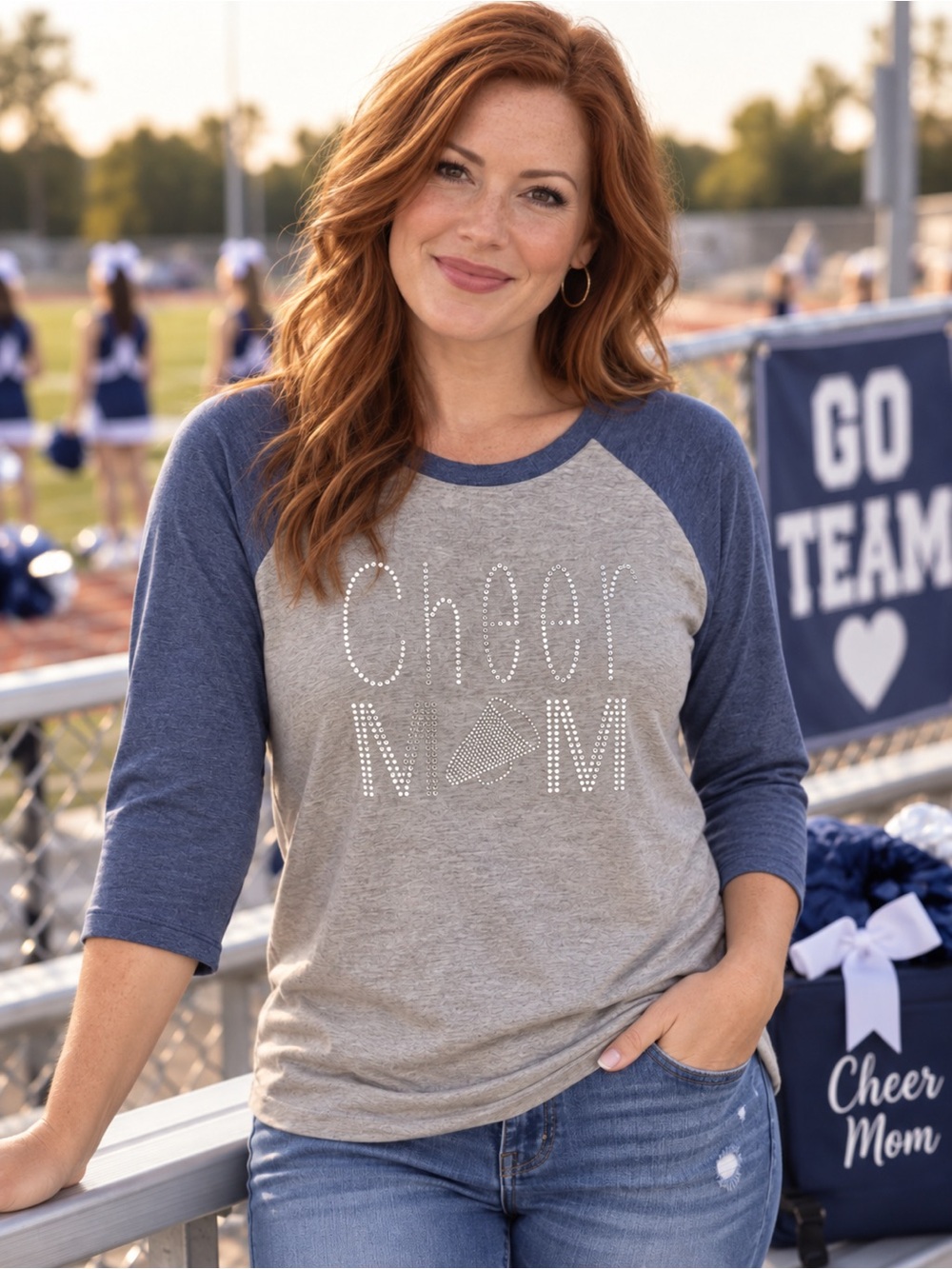 🆕 Cheer Mom Rhinestone Raglan 3/4 Sleeve Shirt Gray Blue XL